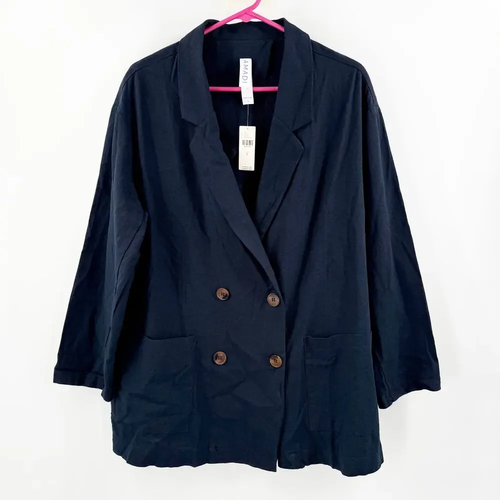 Amadi Anthropologie Blazer Womens Large NWT Navy Kayne Double Breast Linen Blend